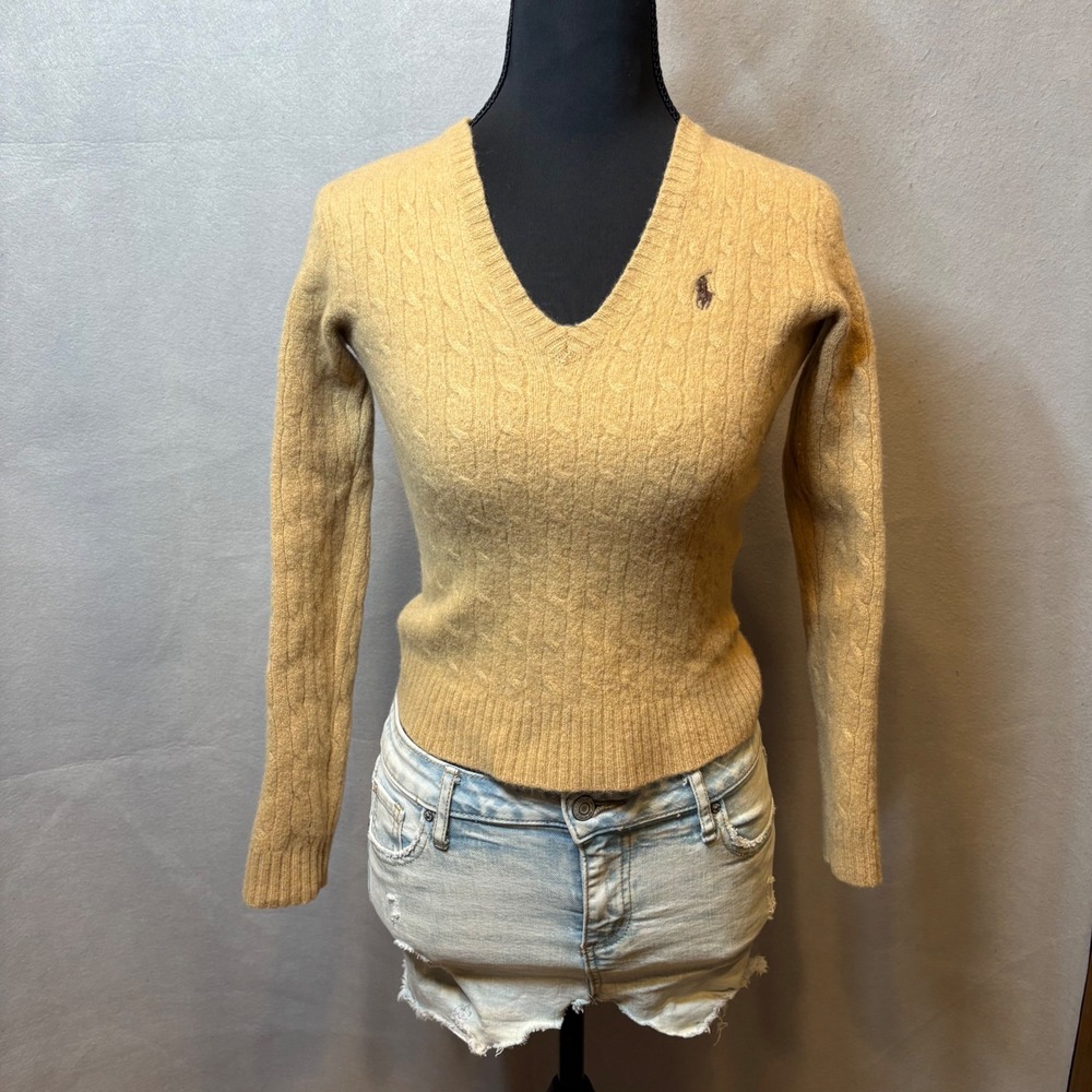 Ralph Lauren Sport Cable Knit V-Neck Sweater Tan Camel Pony Logo Womens XS Polo